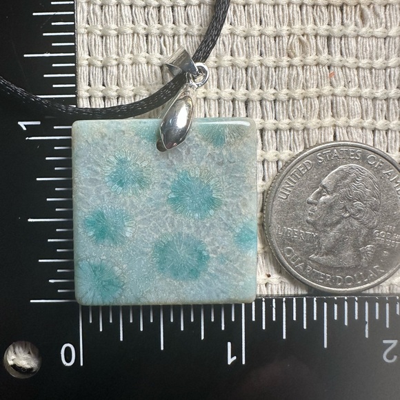 Light Green Coral Fossil Pendant Necklace on Black Satin Rope - Picture 15 of 15